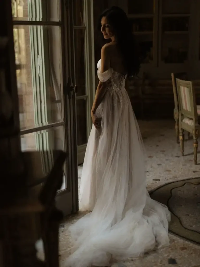 bride in the villa's library